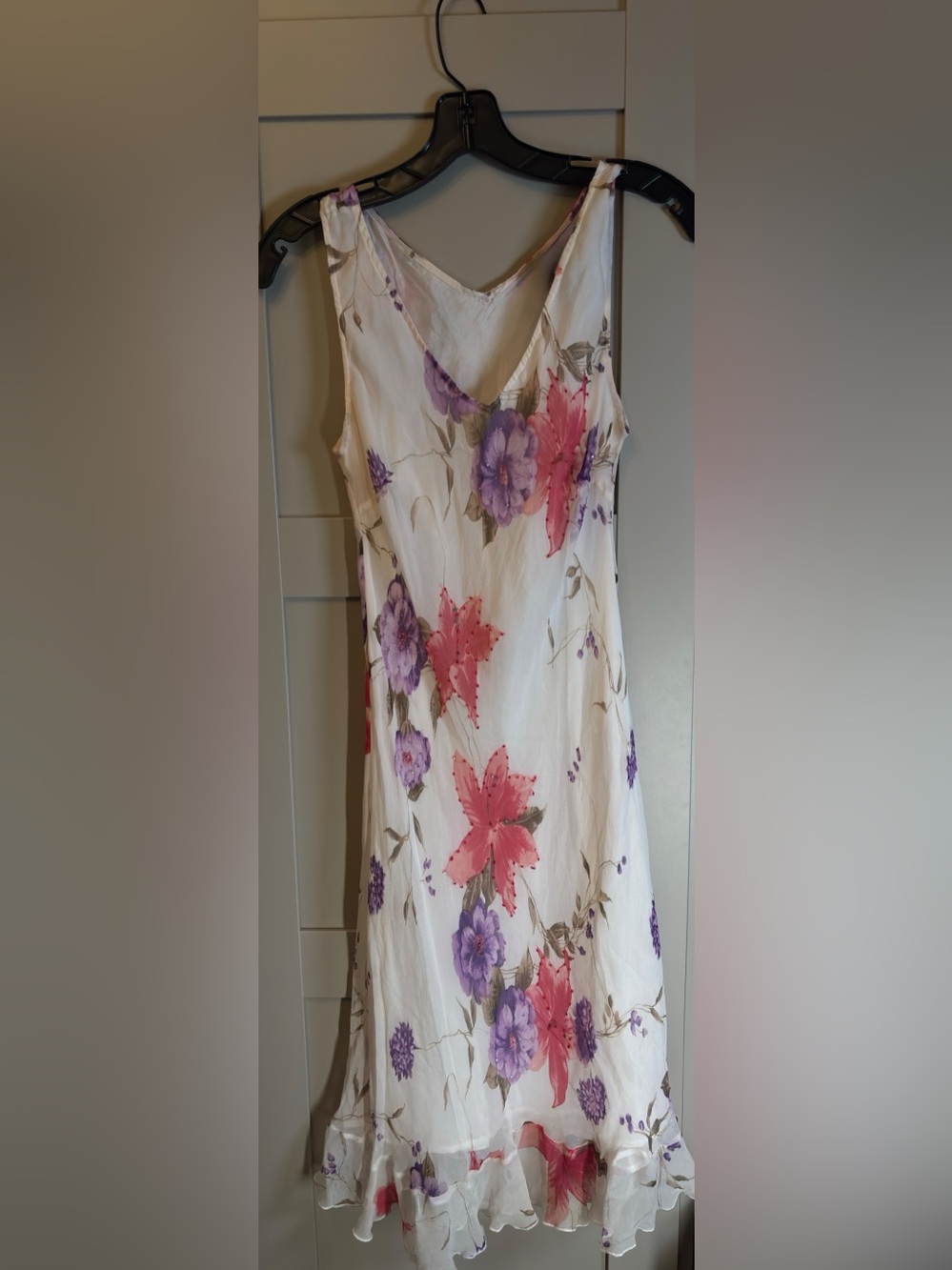 Vintage Dress in White with Pink & Purple Blooms